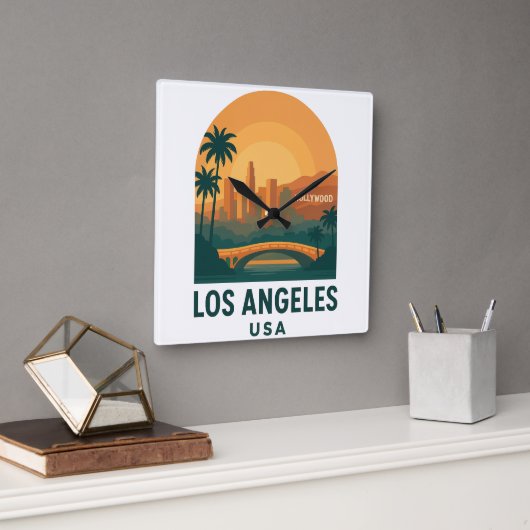 Vintage Los Angeles Travel – Retro Hollywood Vierkante Klok (Kantoor)