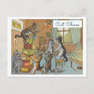 Vintage Louis Wain Grappige Cartoon Kat Chaos  Briefkaart