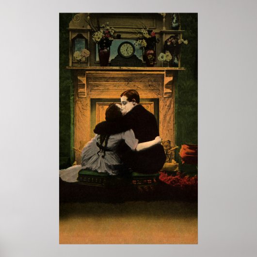 Vintage Love and Romance, Romantic Fireplace Kiss Poster (Voorkant)