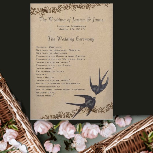 Vintage Love Bird Navy Wedding Programme Programmakaart