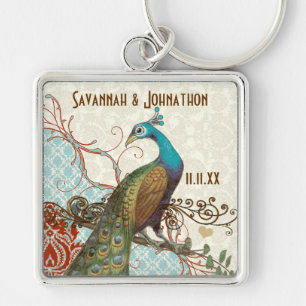 Vintage Love Bird Pauw Damast Trouw Sleutelhanger