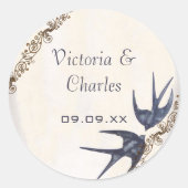 Vintage Love Birds Navy Trouwstickers Ronde Sticker (Voorkant)