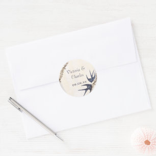 Vintage Love Birds Navy Trouwstickers Ronde Sticker