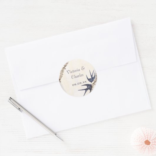 Vintage Love Birds Navy Trouwstickers Ronde Sticker (Envelop)