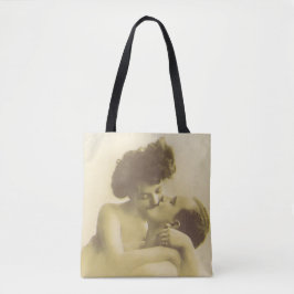 Vintage love couple kissing sepia illustration tote bag