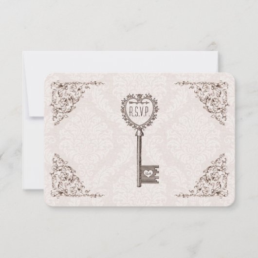 Vintage Love Key Wedding RSVP Kaartje (Voorkant)
