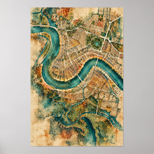 Vintage luchtkaart rivierstad wandkunst poster