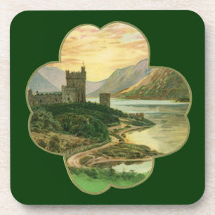Vintage Lucky Gold Shamrock met een Iers Kasteel Drankjes Onderzetter