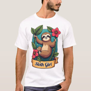 Vintage Luiaard Bloemenmeisje Schattig Tropisch Re T-shirt
