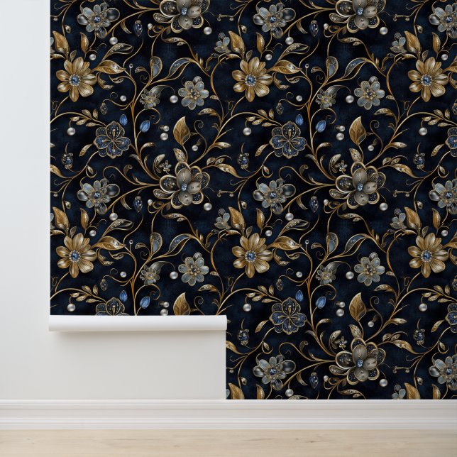 Vintage Luxe Middernacht Bloem Behang (Applicatie)