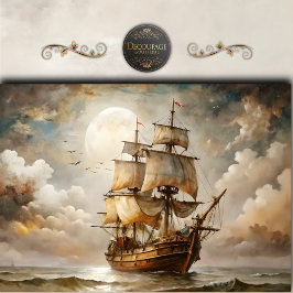 Vintage Maanverlichte Zeilschip Decoupage Tissuepapier