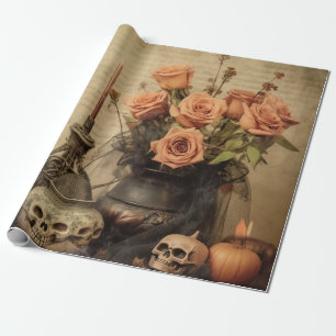 Vintage Macabere Rozen Schedels Sepia Cadeaupapier