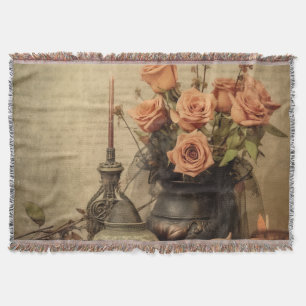 Vintage Macabere Rozen Schedels Sepia Deken