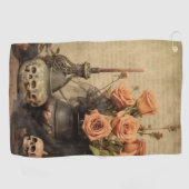 Vintage Macabere Rozen Schedels Sepia Golfhanddoek (Horizontaal)