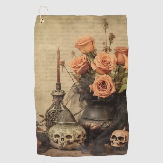 Vintage Macabere Rozen Schedels Sepia Golfhanddoek (Voorkant)