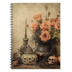 Vintage Macabere Rozen Schedels Sepia Notitieboek