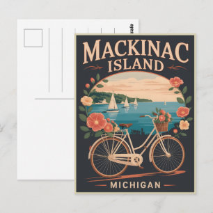 Vintage Mackinac Island Michigan met fiets Bloemen Briefkaart