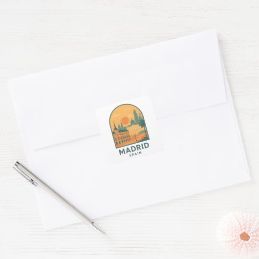 Vintage Madrid Spanje Reizen – Retro Stad Vierkante Sticker (Envelop)