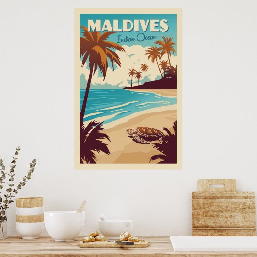 Vintage Maldives Sea Turtle Poster (Keuken)