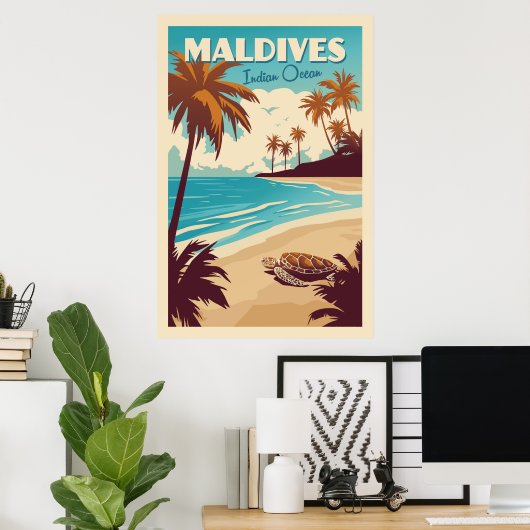 Vintage Maldives Sea Turtle Poster (Thuiskantoor)