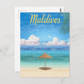 Vintage Maldives Tropical Beach Parasol Travel Briefkaart (Voorkant / Achterkant)