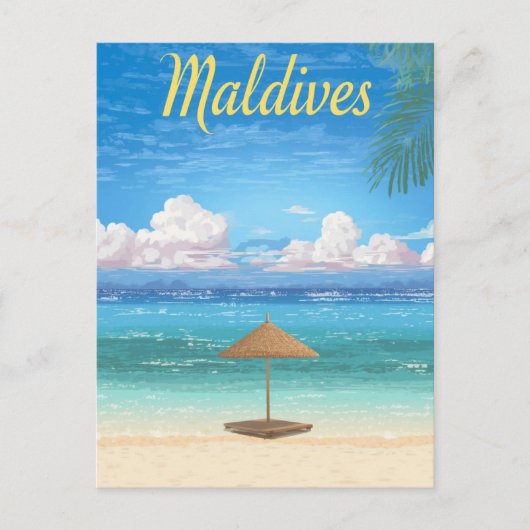 Vintage Maldives Tropical Beach Parasol Travel Briefkaart (Voorkant)