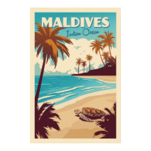 Vintage Malediven Zeeschildpad Poster