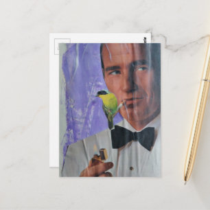 Vintage man die rookt en een knuffelachtig vogeltj briefkaart