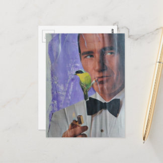 Vintage man die rookt en een knuffelachtig vogeltj briefkaart