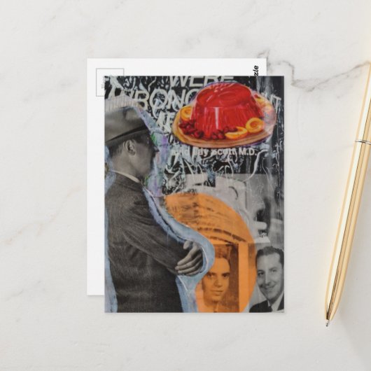 Vintage man met zwevend dessert collage briefkaart (Voorkant / Achterkant in situ)