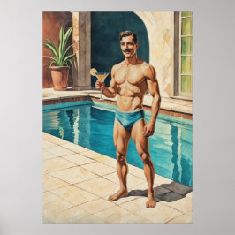 Vintage Mannelijke Pin-up Zaddy | Retro Badmeester Poster
