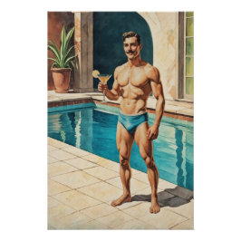 Vintage Mannelijke Pin-up Zaddy | Retro Zwemband Z Perfect Poster