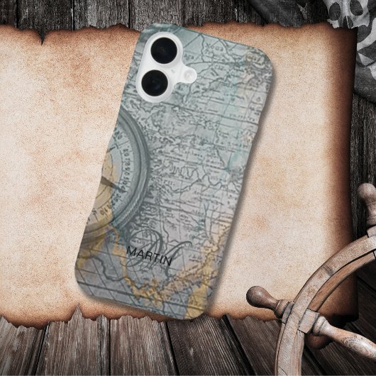 Vintage Map Compass Monogram iPhone 16 Hoesje