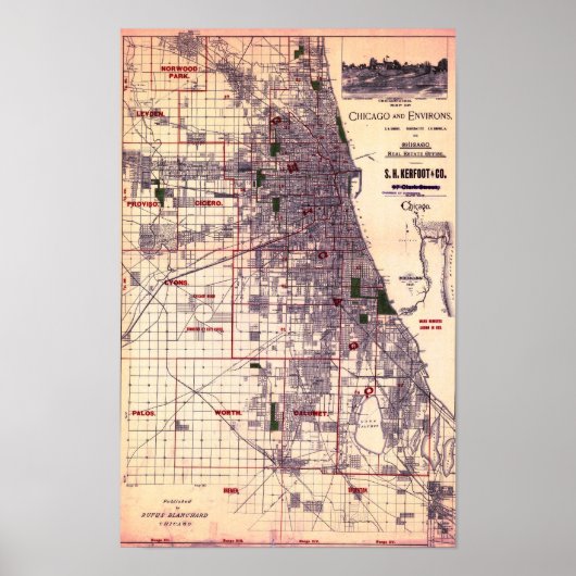 Vintage Map of Chicago Poster (Voorkant)