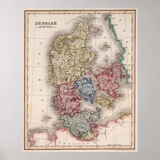 Vintage Map of Denmark (1838) Poster (Voorkant)