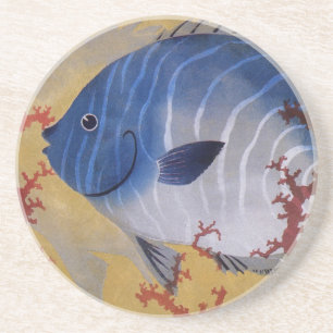 Vintage Marine Oceaanleven Tropische Blauwe Vis Ko Zandsteen Onderzetter