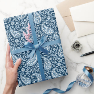 Vintage marineblauw en wit bloemmotief paisley cadeaupapier