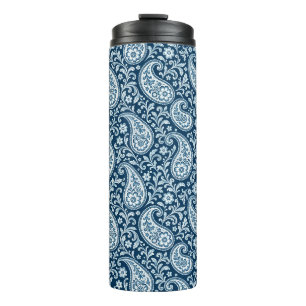 Vintage marineblauw en wit bloemmotief paisley thermosbeker
