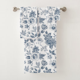 Vintage marineblauwe bloem toile-de-Jouy-patroon  Bad Handdoek