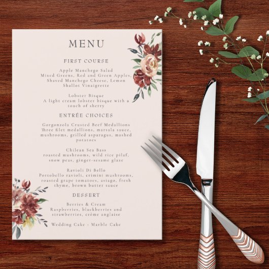 Vintage Marsala Blush Pewter Floral Menu