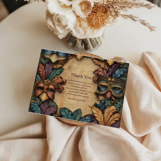 Vintage Masked Mardi Gras Masquerade Bedankkaart