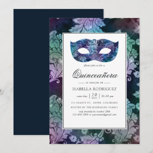 Vintage Masquerade Damask Quinceañera Kaart