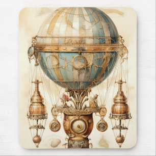 Vintage mechanisch luchtschip Blauwe Globe Sepia Muismat