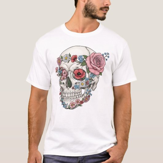 Vintage medical anatomy skull flower  t-shirt (Voorkant)