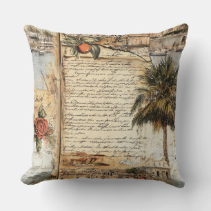 Vintage mediterraan kunstwerk met palm en schrift kussen