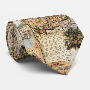 Vintage mediterraan kunstwerk met palm en schrift stropdas