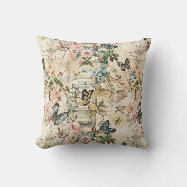 Vintage Meerdere Vlinders en Bloemen Kussen (Voorkant)