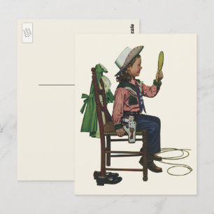 Vintage meisje cowgirl die in de spiegel kijkt Ze Briefkaart