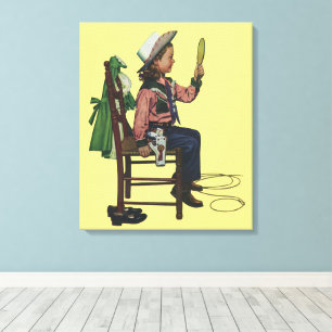 Vintage meisje cowgirl die in de spiegel kijkt Ze  Canvas Afdruk