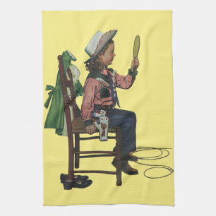 Vintage meisje cowgirl die in de spiegel kijkt Ze  Theedoek